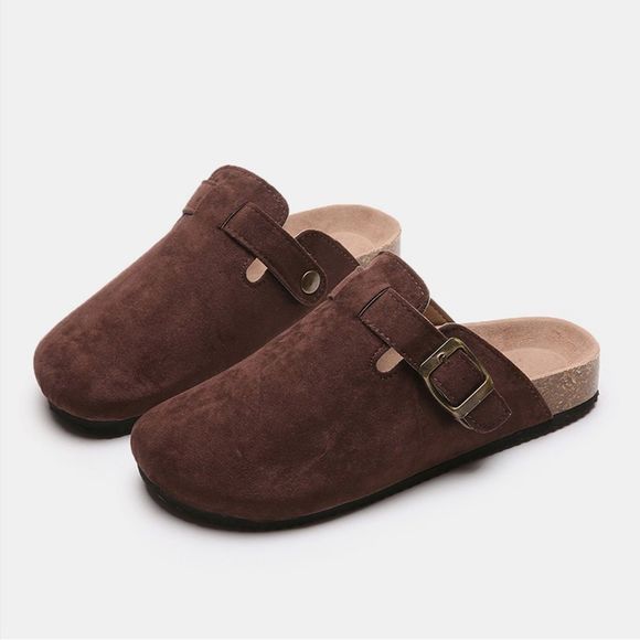 Chocolate Brown Suede Closed Toe Buckle Slide - Picture 3 of 5